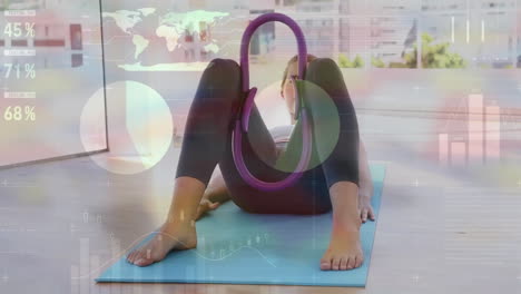 animation of financial data processing over caucasian woman exercising in gym