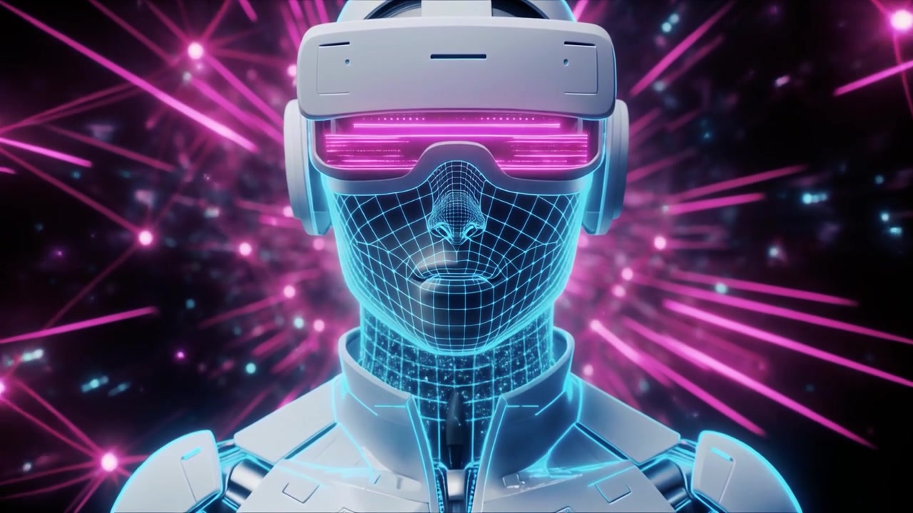Futuristic Android Wearing Virtual Reality Headset in Digital Space