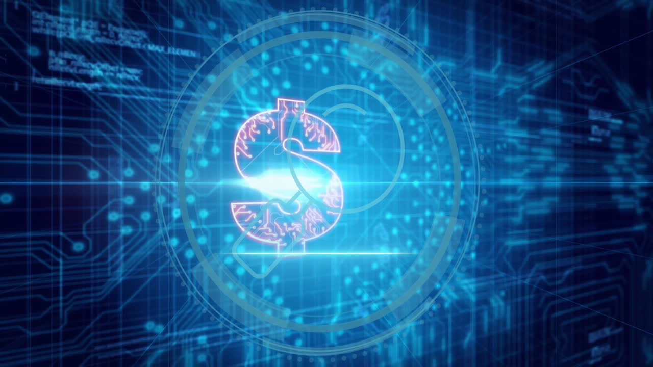 Animation of digital dollar sign with magnifying glass over blue data network