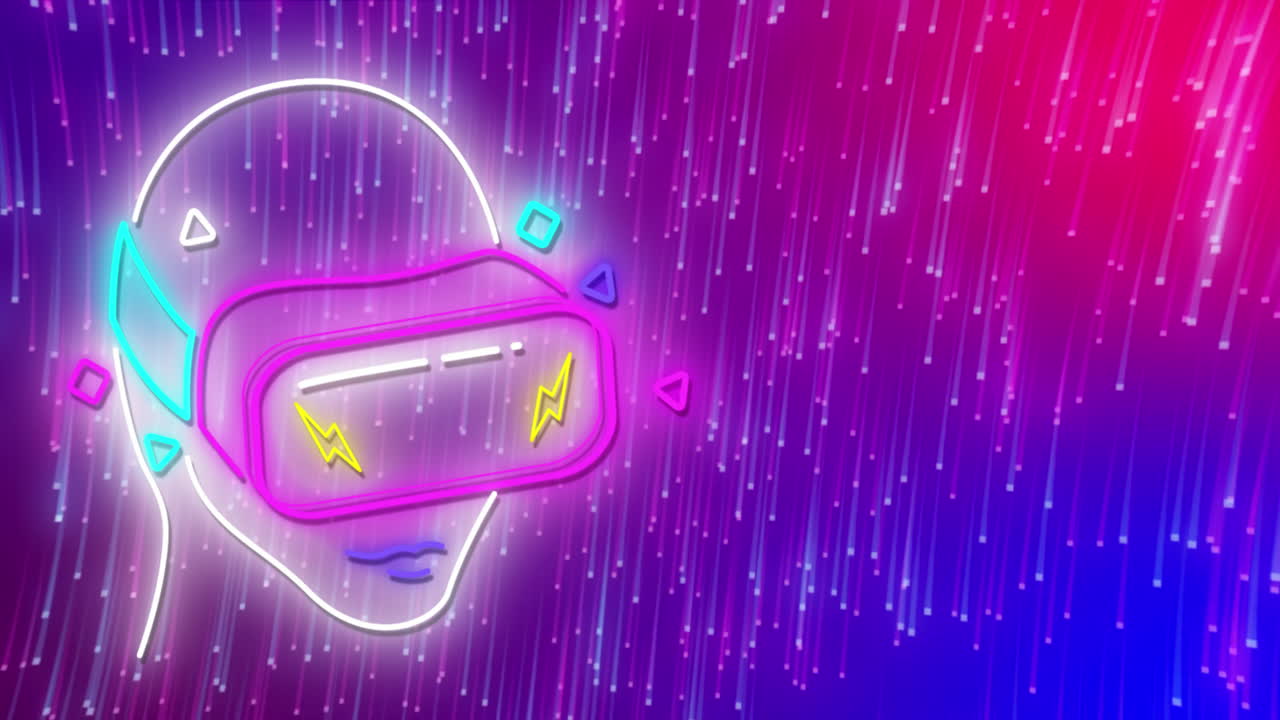 Animazione neon di persona con visore VR, su scie luminose rosa e viola