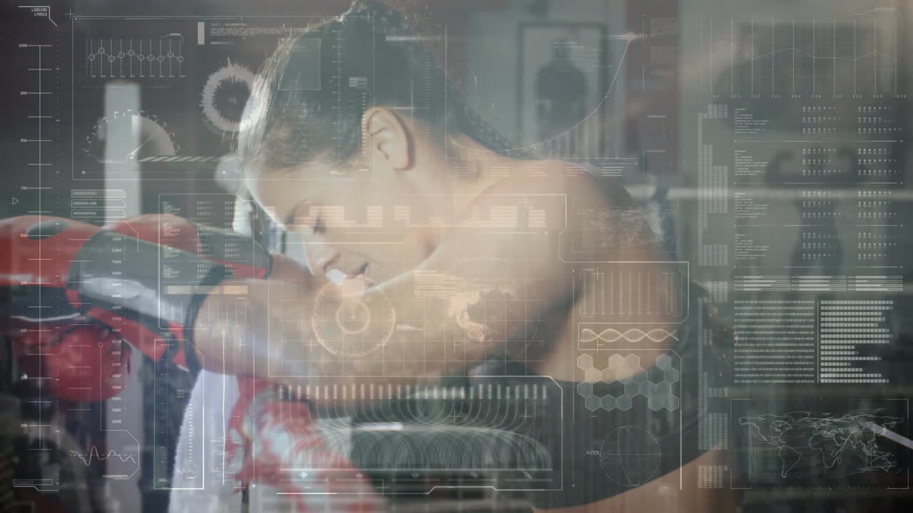 Female boxer leaning forward against red punching bag in gym, displaying floating health metrics