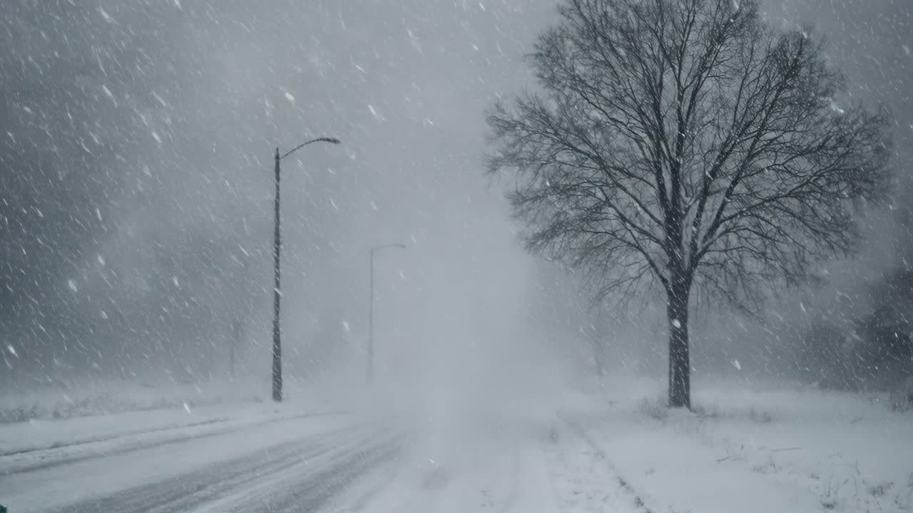 En video af en snestorm på en øde vej, fanget fra en lav engel. Scenen er fredfyldt, men