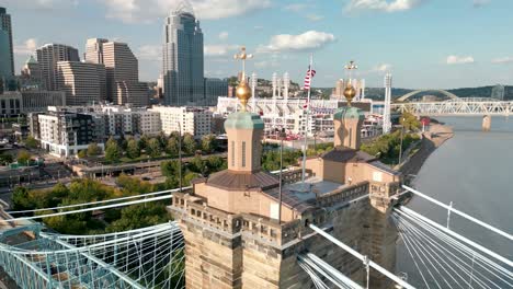 aerial pan of bridge tower with american and ohio flag, cincinnati ohio downtown