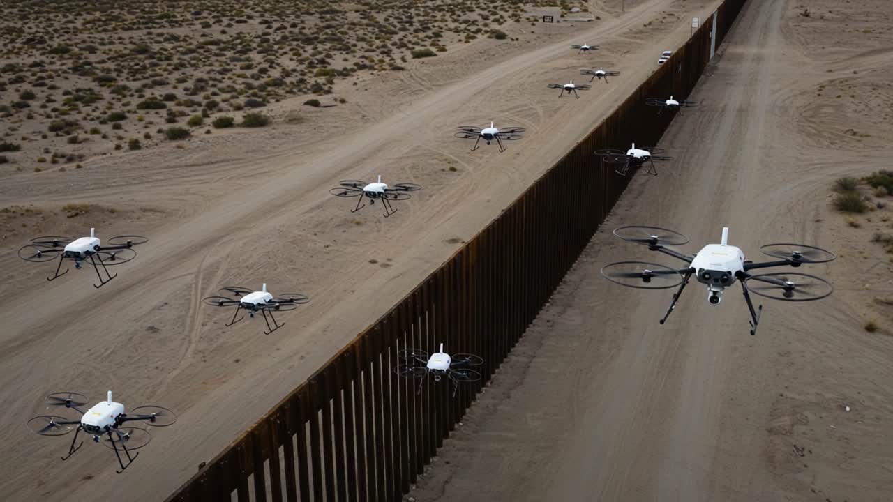 Aerial Surveillance: Drones Patrolling the Border Area Amidst Desert Landscape in a High-Tech Security Operation