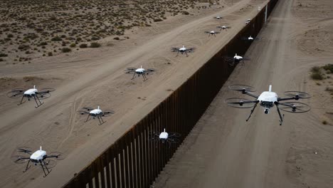 aerial surveillance: drones patrolling the border area amidst desert landscape in a high-tech security operation