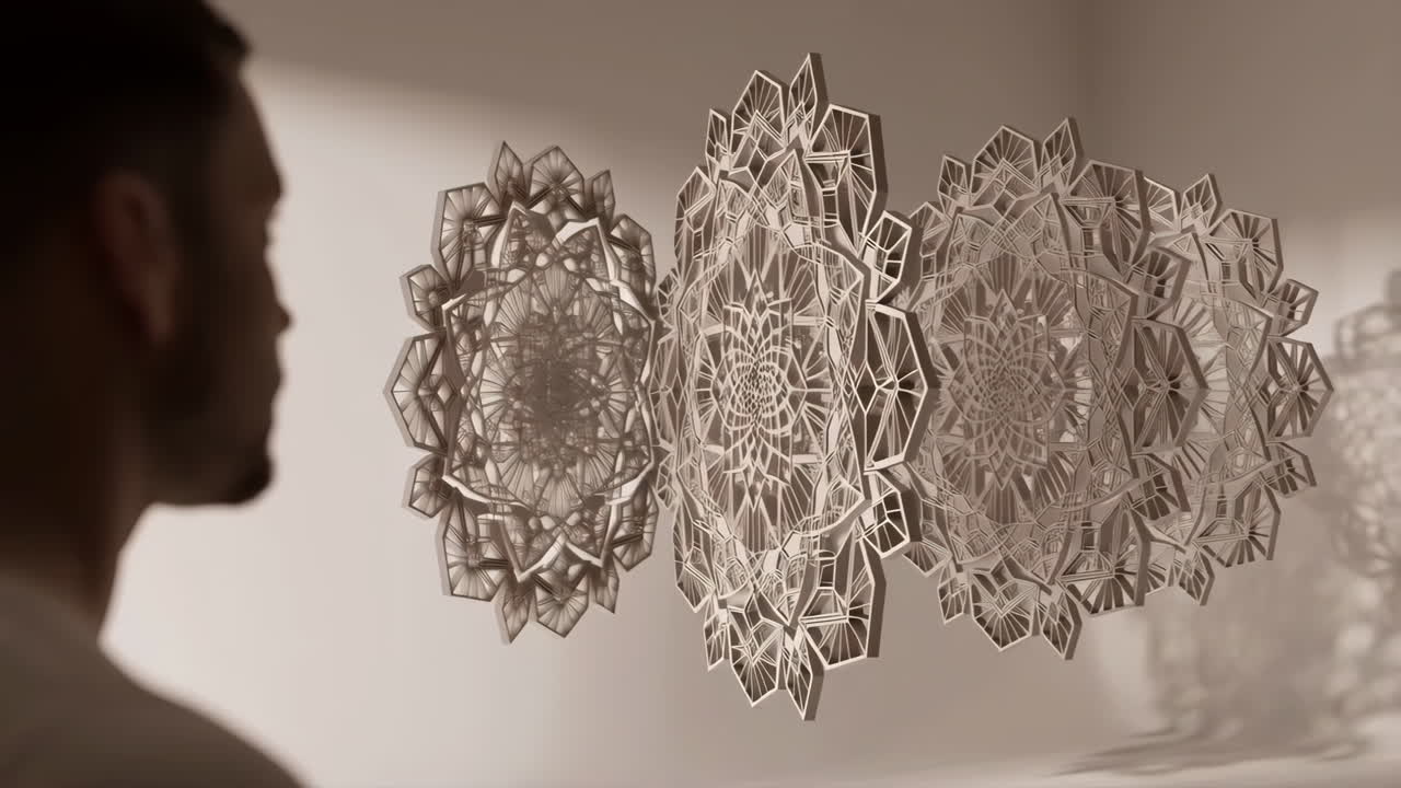 Person observing an intricate layered geometric mandala artwork