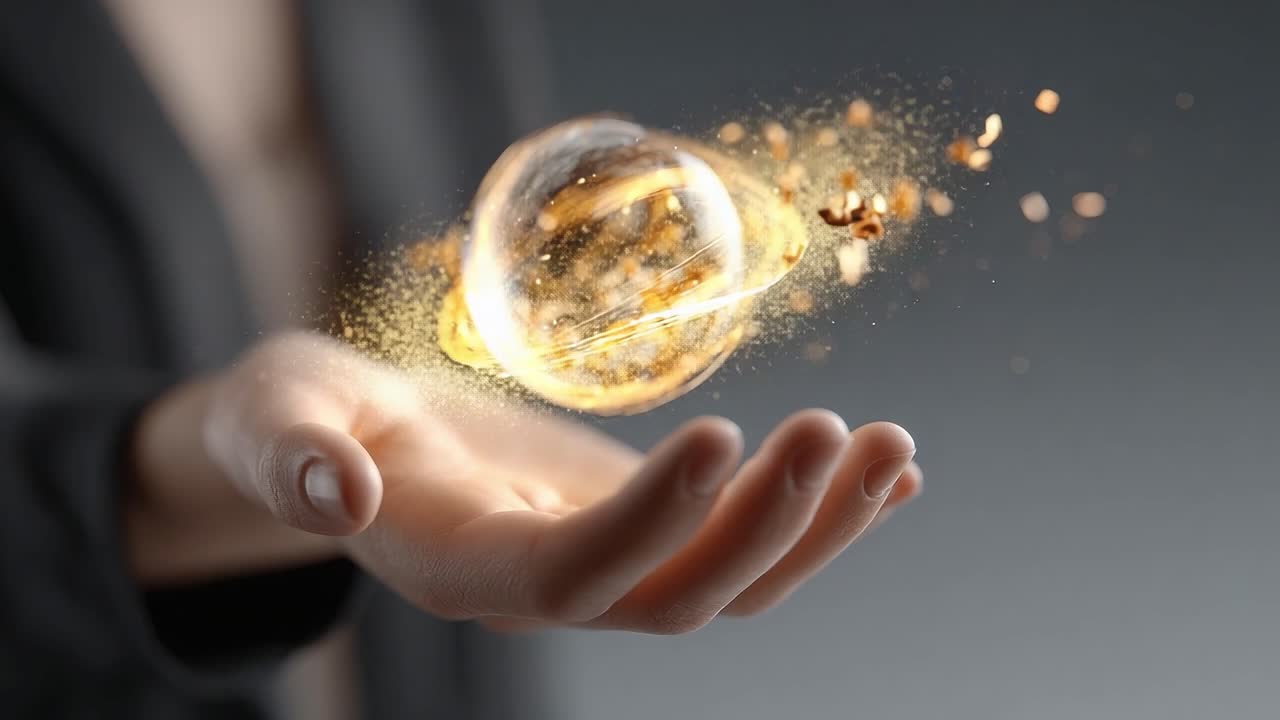 Captivating Display of Energy: A Hand Cradles an Ethereal Sphere of Light and Sparkles, Symbolizing Innovation and the Fusion of Technology with Nature's Elements