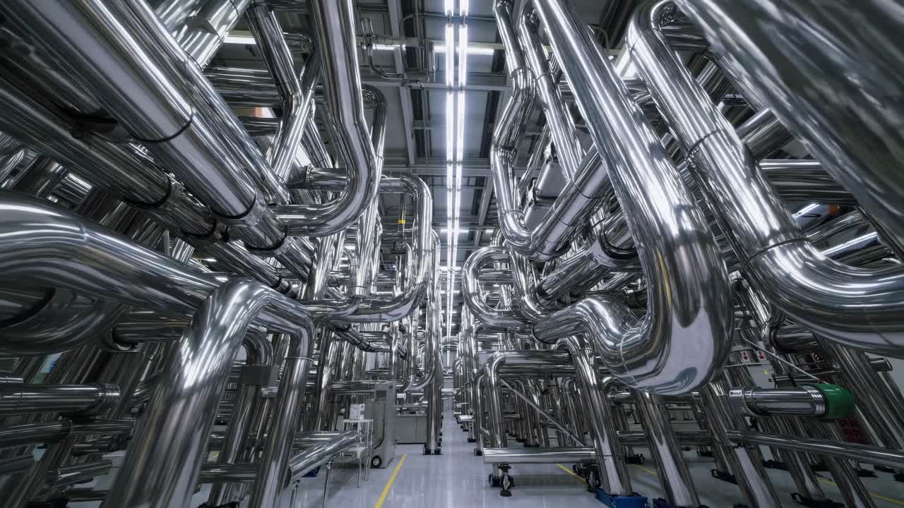 Prise de vue vidéo en contre-plongée d’un réseau complexe de tuyaux métalliques brillants dans un environnement industriel