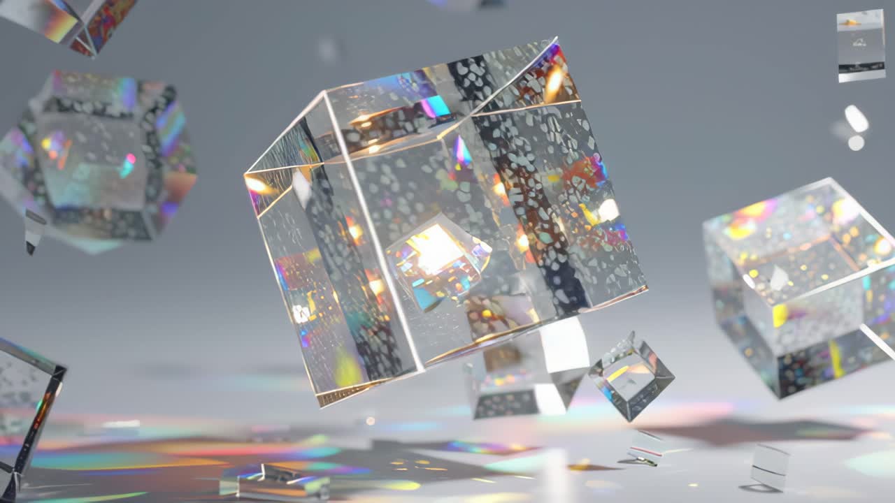 Abstrakte Aufnahmen von schwebenden transparenten Glaswürfeln mit irisierenden holografischen Reflexionen und Lichtstreuung auf einem weichen grauen Hintergrund, futuristisches minimalistisches Design