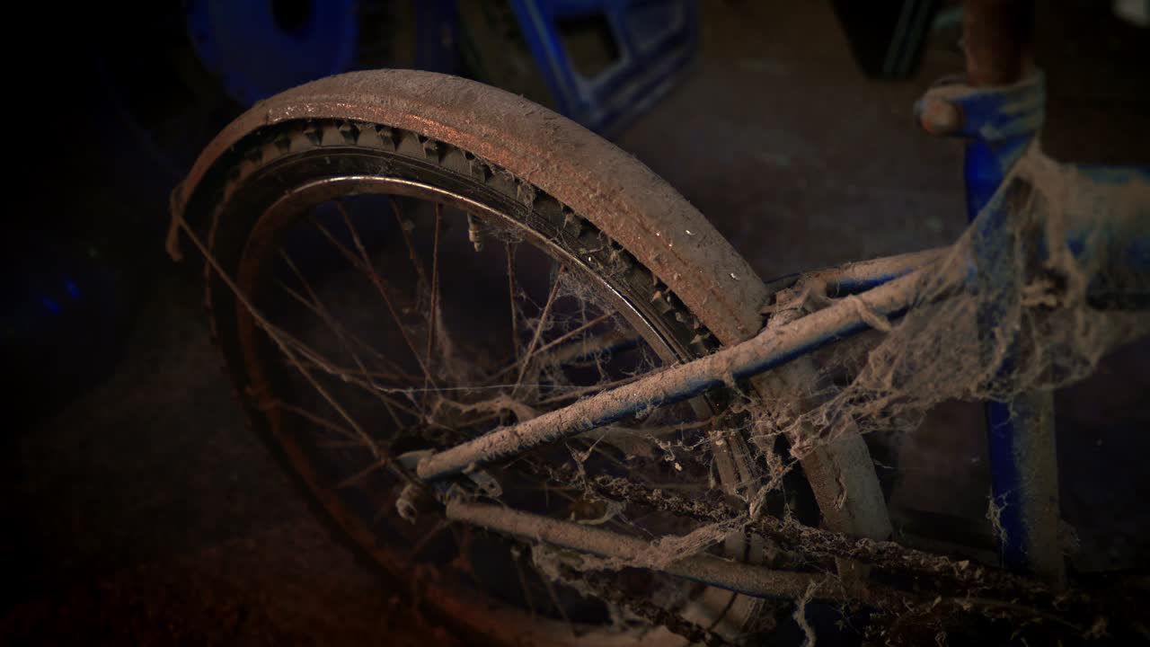 Old rusty bicycle. Parental inheritance in the garage.