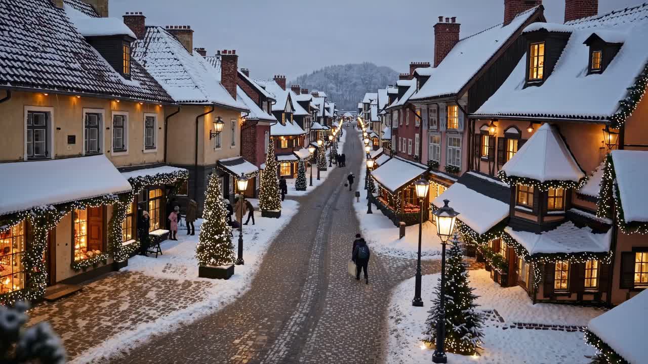 Aerial view of a snowy, vintage village with festive lights and falling snow, evoking a nostalgic
