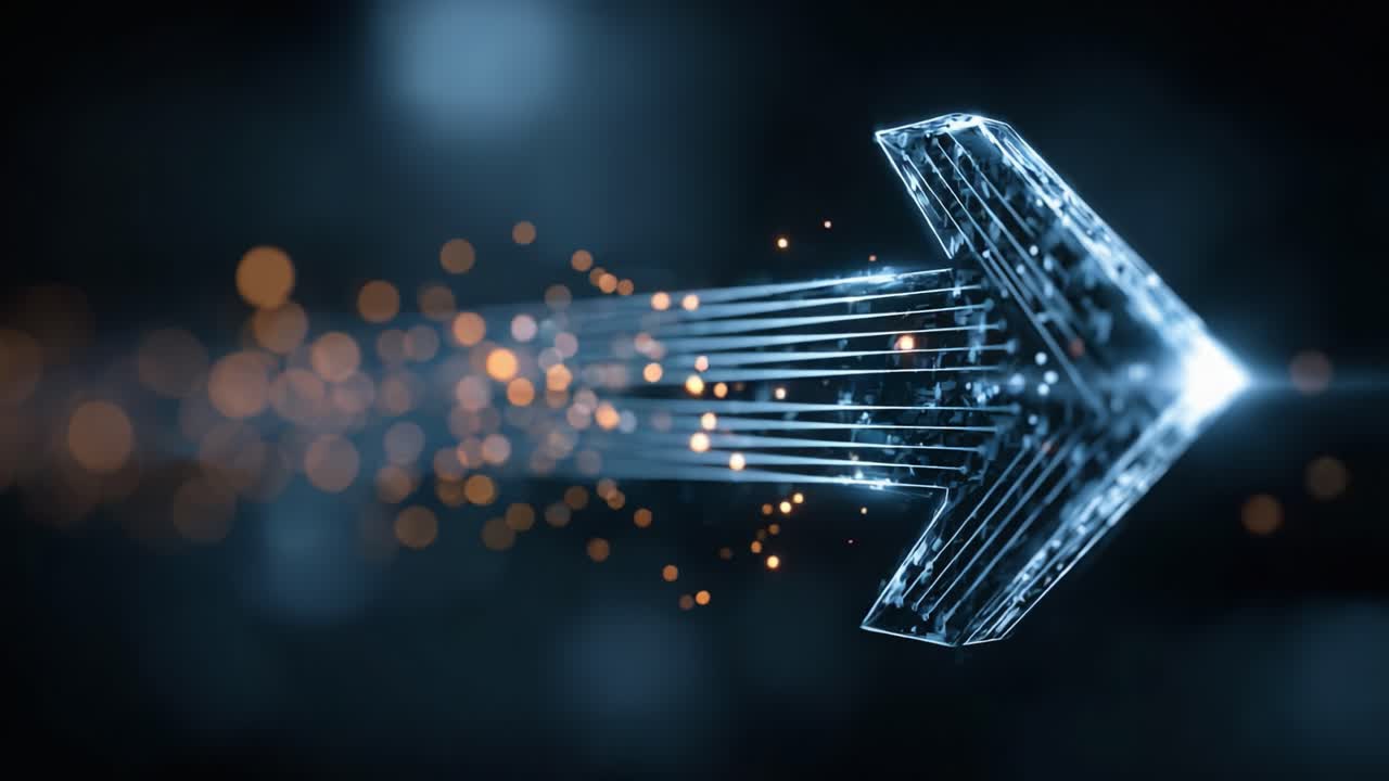 A Glimmering Arrow in Motion: Captivating Transparent Digital Arrow Projecting Forward Amidst a Background of Colorful Bokeh Lights and Sparkling Effects
