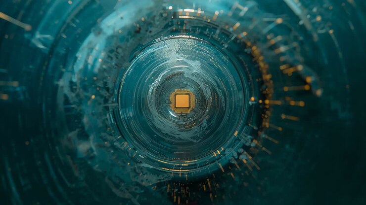Lighting microchip highlighting center while concentric rings rotating in tunnel, sparks streaming