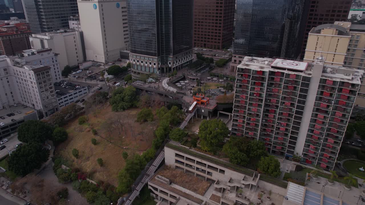 Aerial View of Downtown Los Angeles Skyscrapers and Angels Flight Funicular