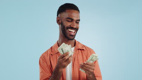 man, count money and happy in studio with success