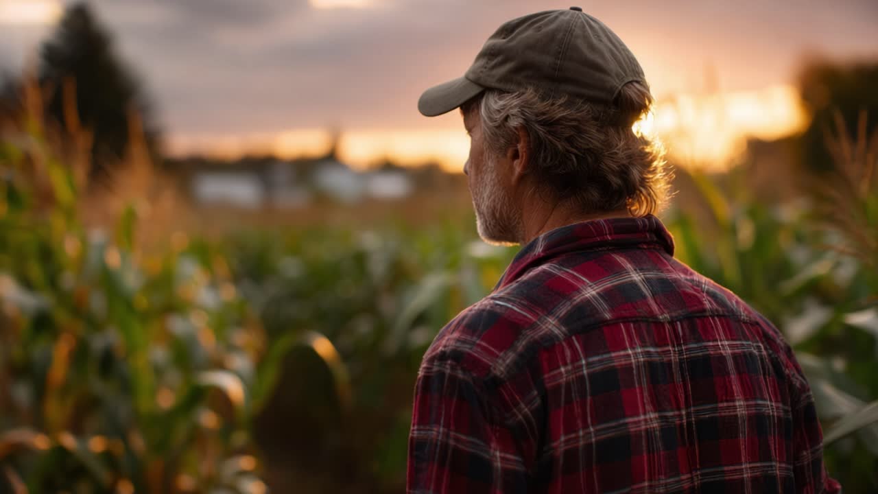 A contemplative farmer gazes over his flourishing cornfield at sunset, embodying the timeless connection between agriculture and nature's beauty