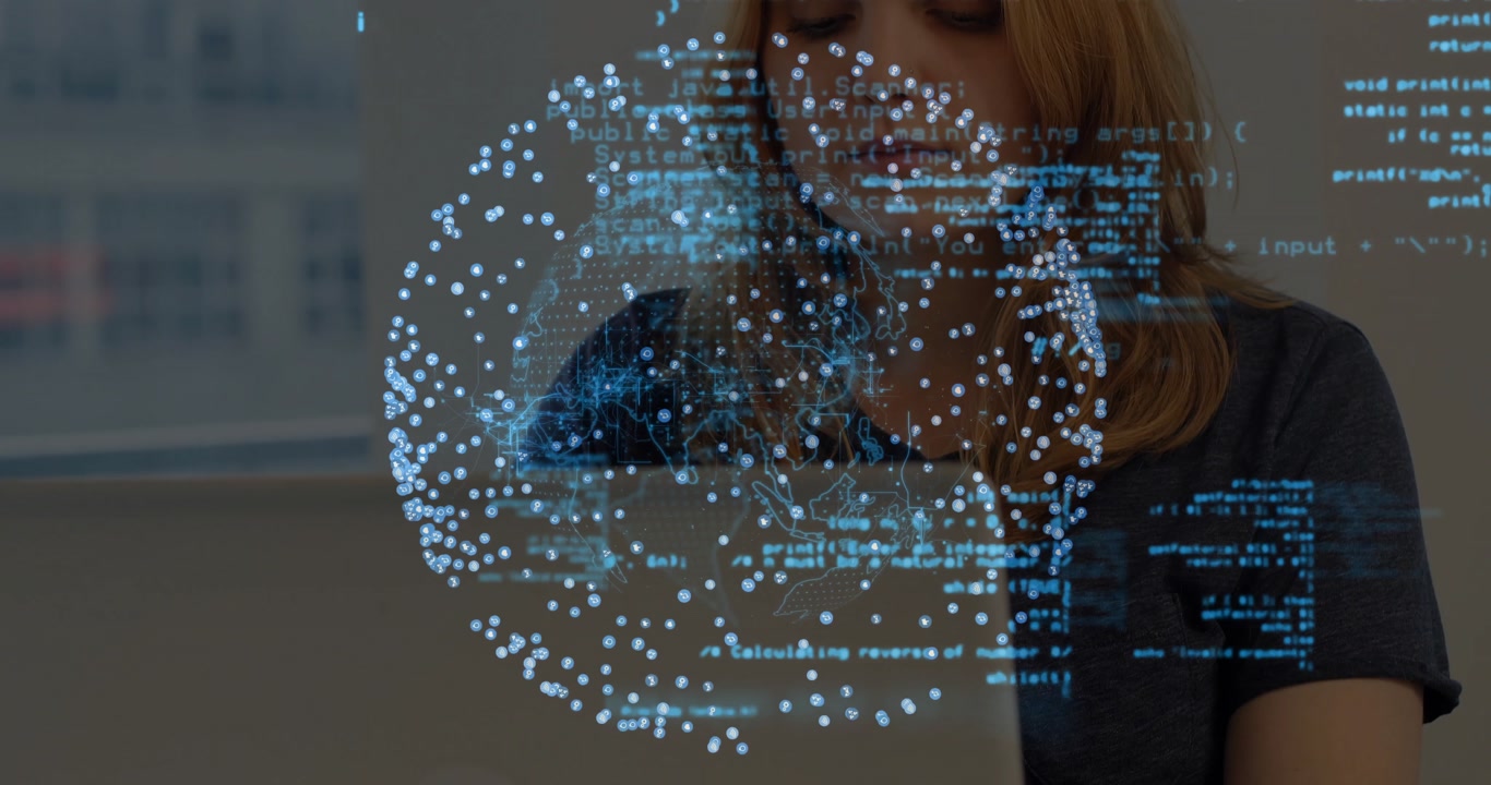 Woman at desk spotting virtual globe with scrolling code then typing Python completing task