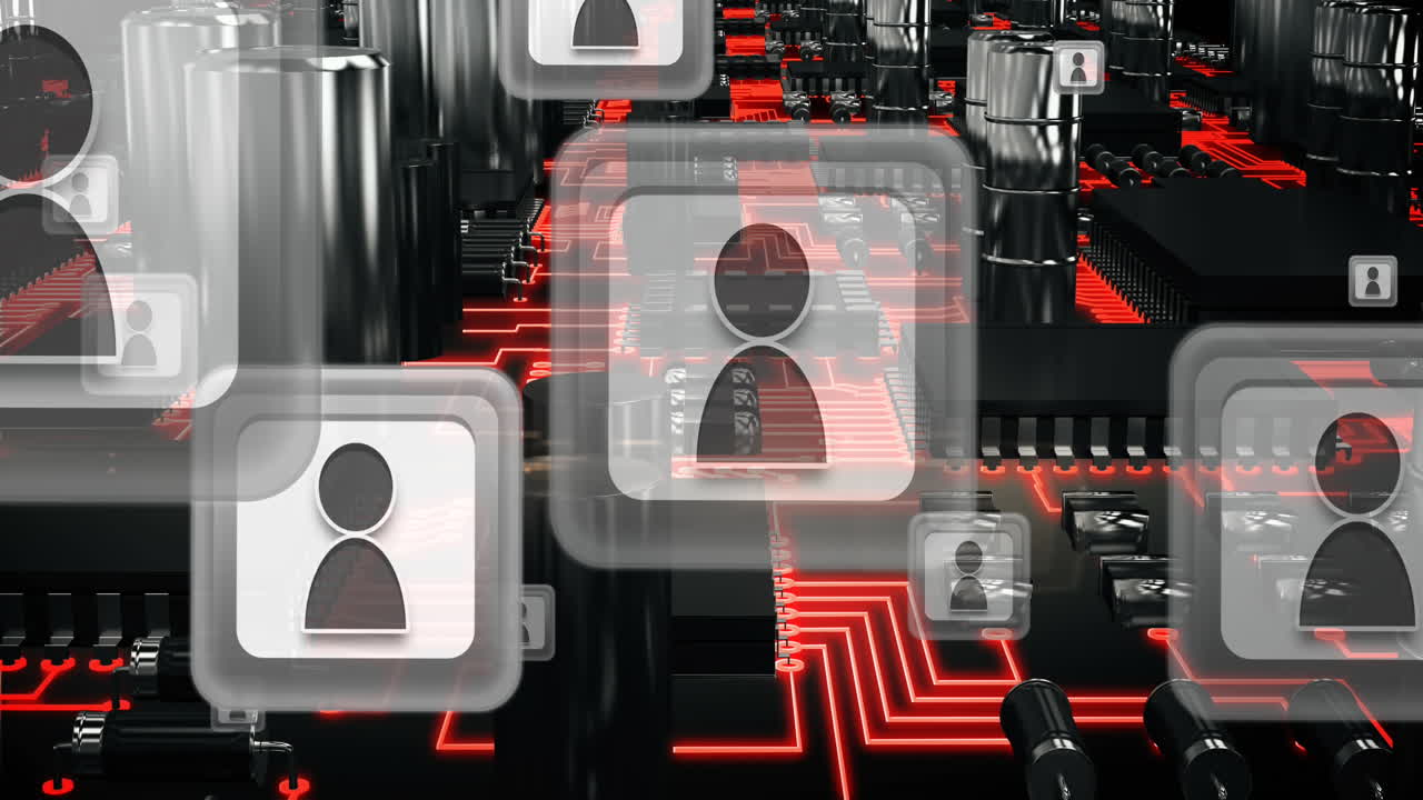 animación de personas digitales en línea volando sobre una placa de circuito de cerca