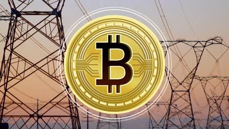 animación del símbolo de bitcoin sobre las torres eléctricas