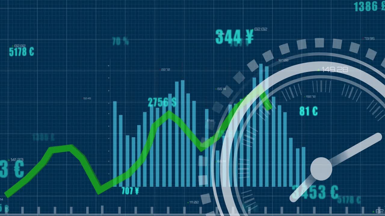 Animation of ticking clock over statistical data processing against ...