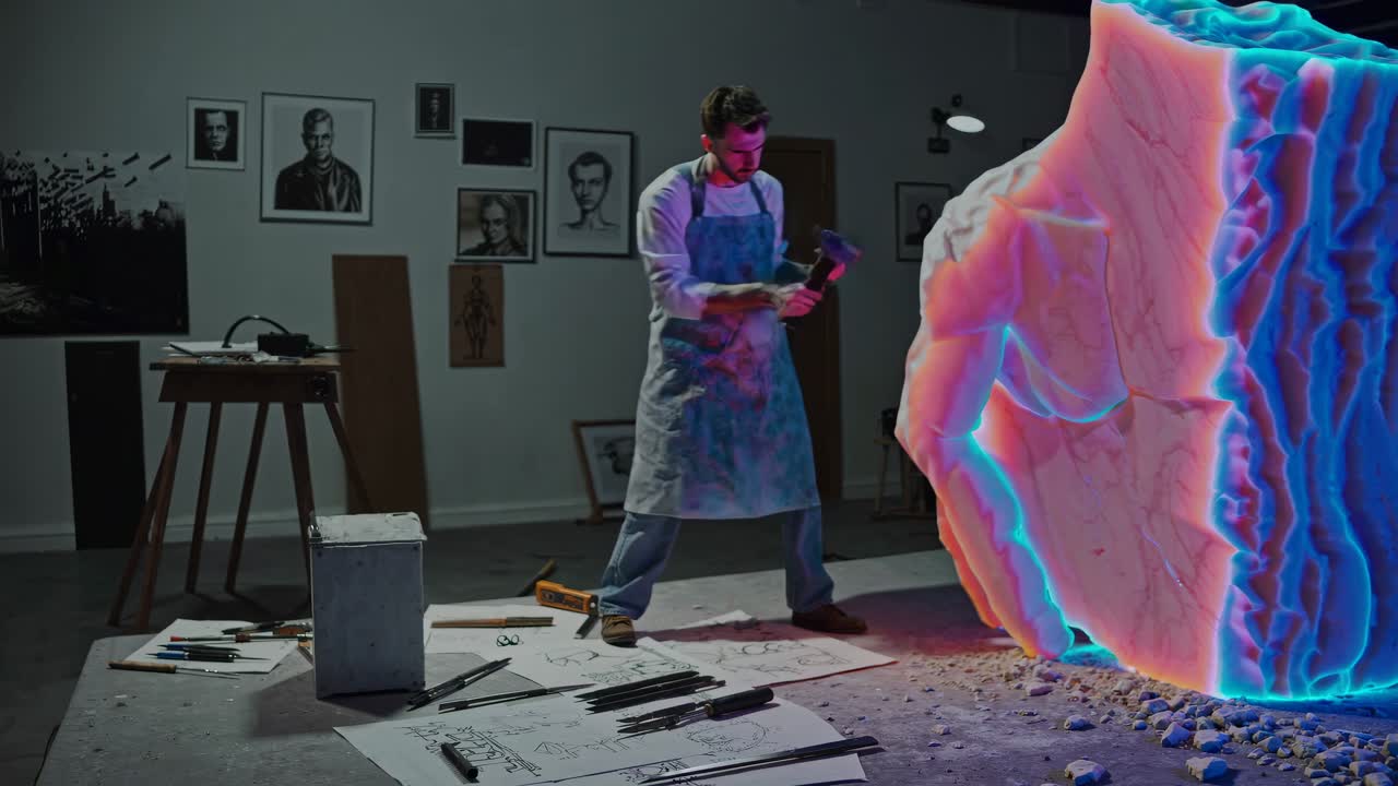 Sculptor Working on Illuminated Stone Sculpture