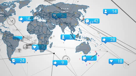 social media interaction icons animation over world map with network connections