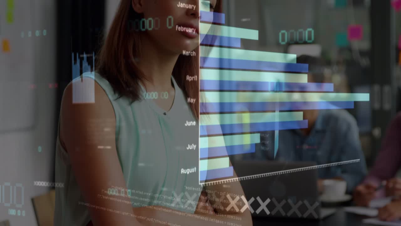 Animation of statistical data processing against portrait of woman smiling at office