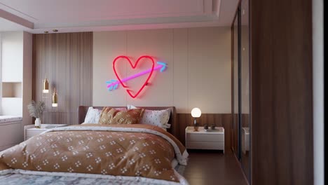 dormitorio en un apartamento moderno con romántico corazón de san valentín en la pared para pareja enamorada