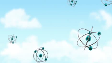 animation of atom models spinning on clouds on blue background