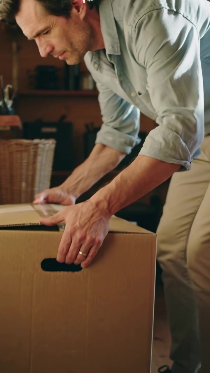 Vertical video: Lifting man wearing light blue shirt khakis packing box for move at home with tape