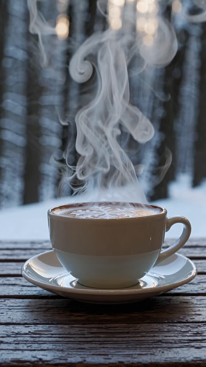A steaming cup of coffee on a wooden table, captured from a low angle