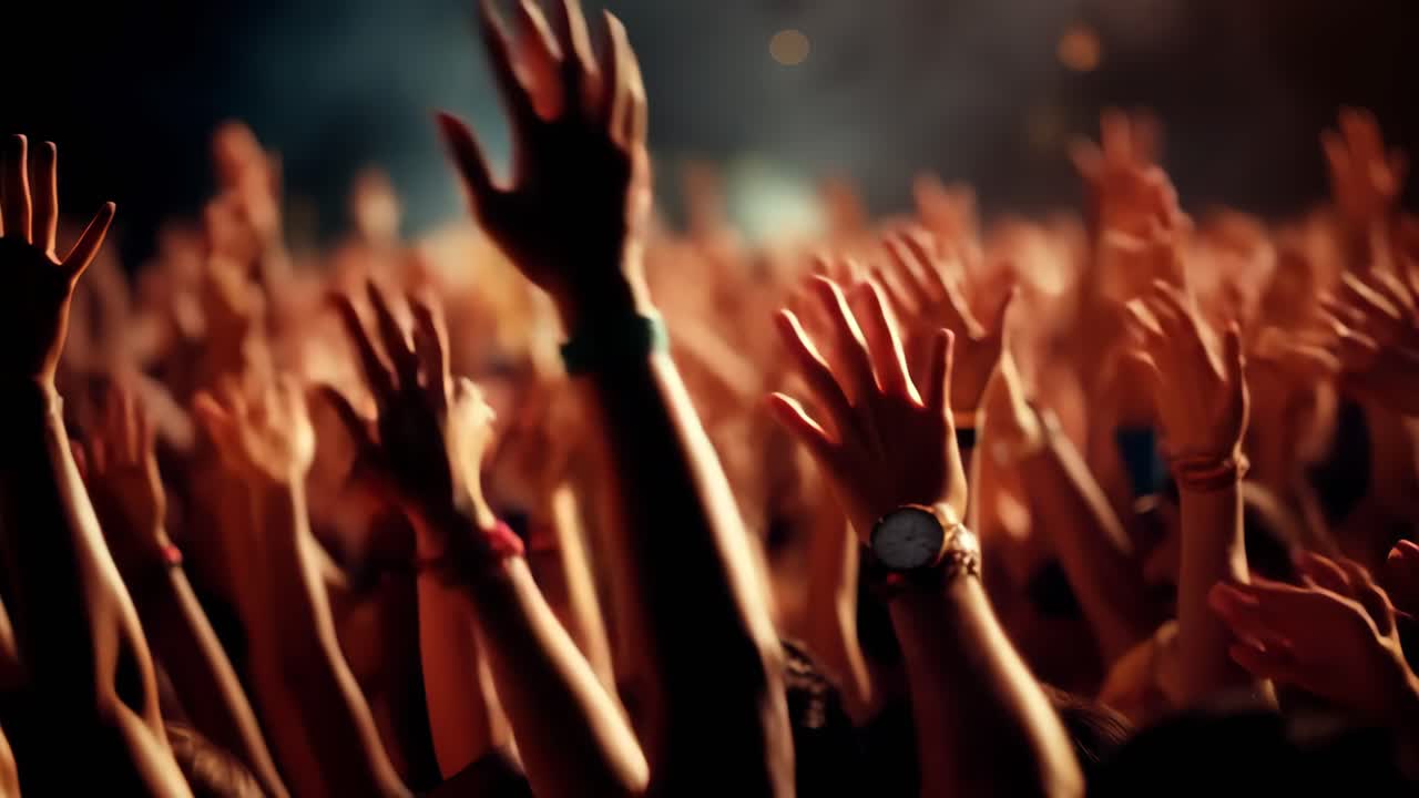 Vibrant concert scene with raised hands, captured from a low-angle