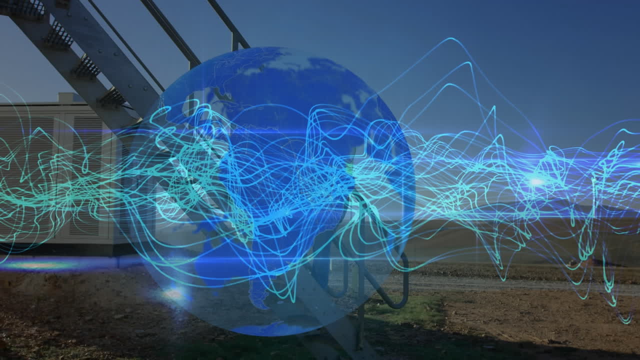 анимация сети связей и земного шара над кавказским рабочим мужчиной