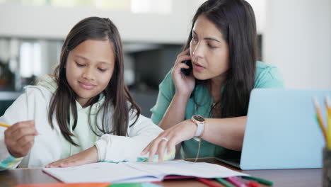 Mother,-daughter-and-remote-work-with-phone-call