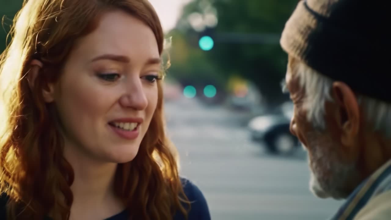 A young woman speaks compassionately with an elderly man on a bustling city street. The warmth in their exchange showcases human connection amidst urban life.
