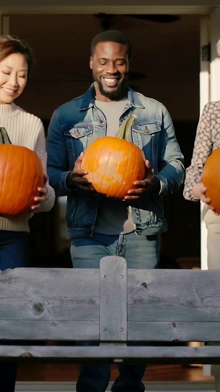 Vertical video: Emerging from doorway friends carrying pumpkins onto railing, placing for display