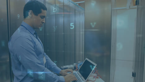 Man-working-in-a-computer-server-room-while-security-messages-move-in-foreground