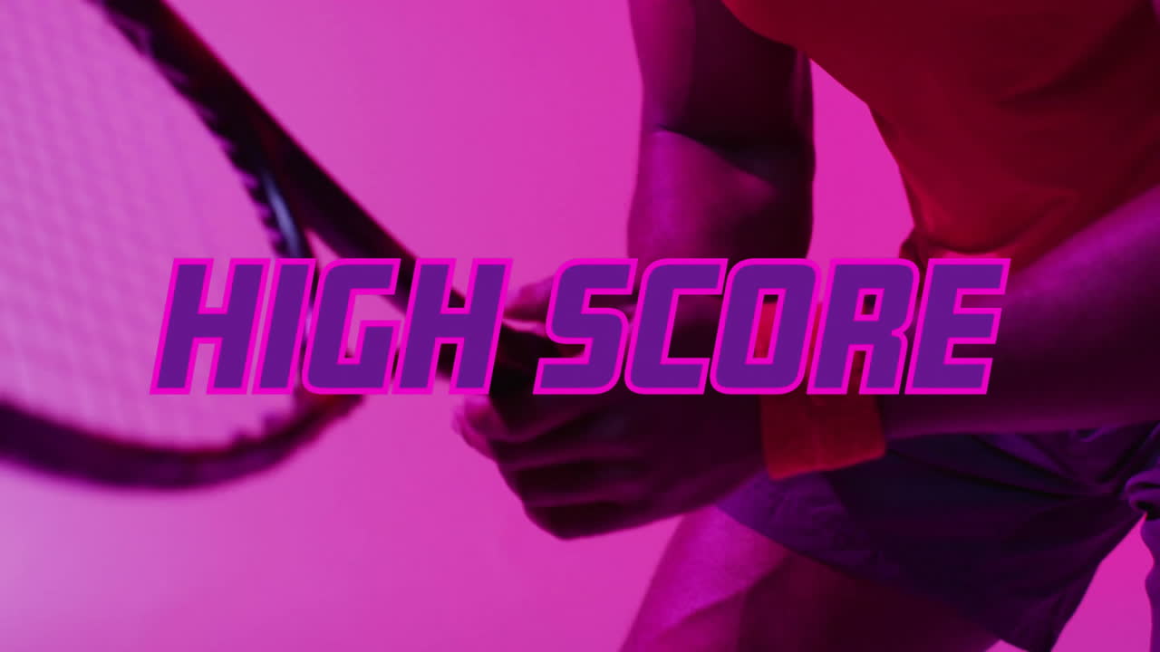 Holding racket, tennis player with High Score animation in bold pink font