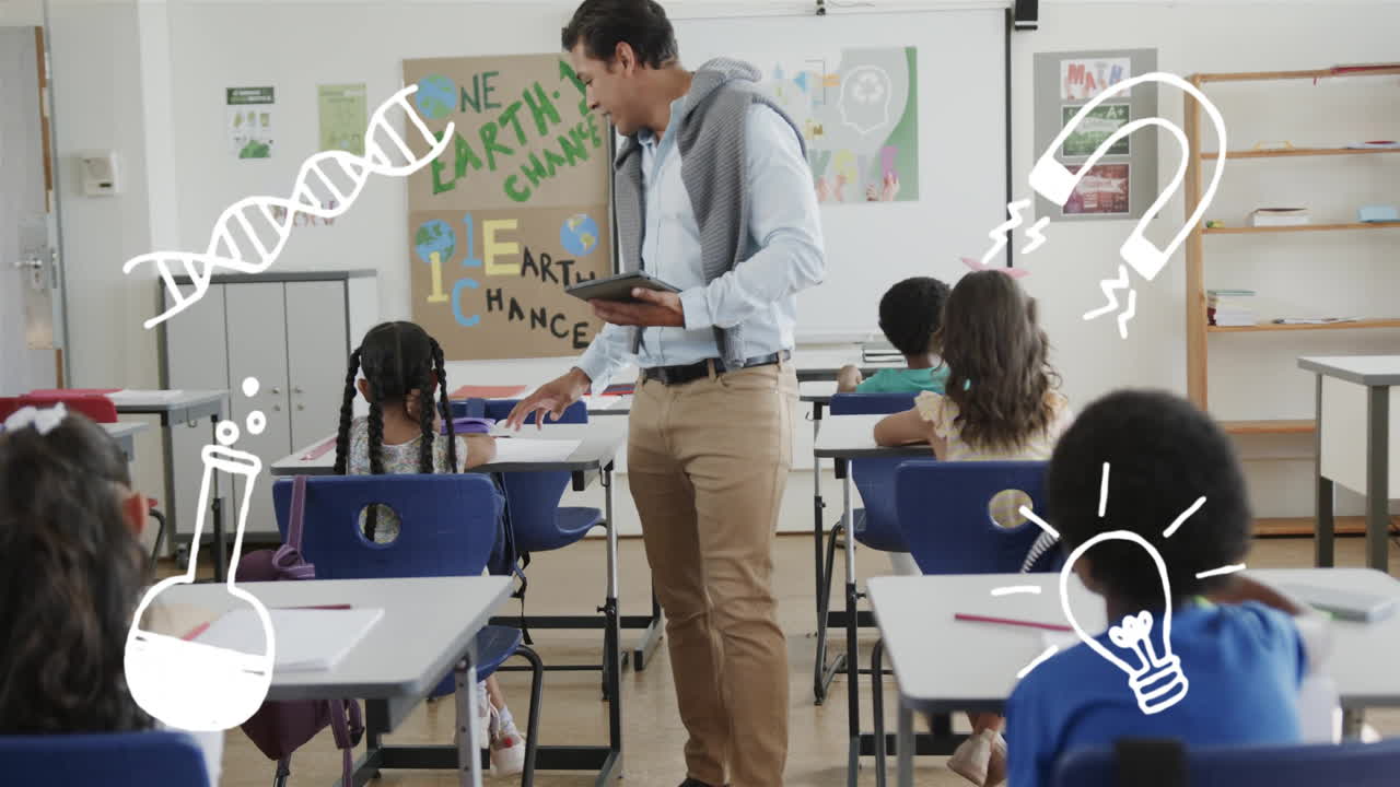 maestro sosteniendo una tableta en el aula con animación de temática científica sobre los estudiantes