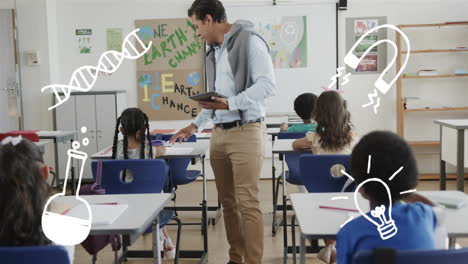 teacher holding tablet in classroom with science-themed animation over students