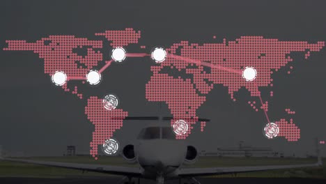 Connecting-dots-over-world-map-against-private-jet-on-airport-runway