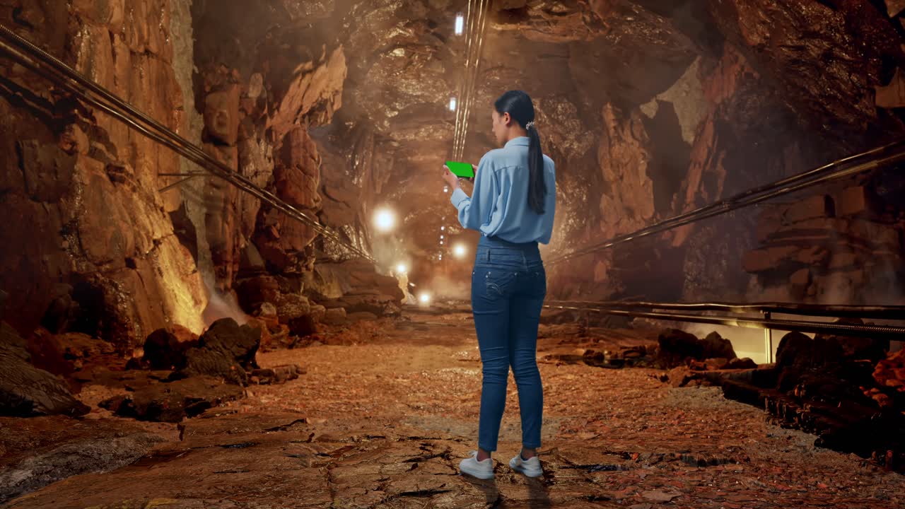 Full Body Back View Of Asian Female With Green Screen Smartphone In Underground Mine Tunnel, Industrial Facility