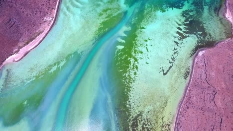 overhead aerial of underwater shifting sandbeds with unique algae formations near red volcanic land edge