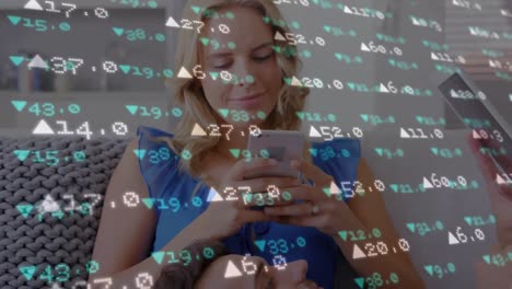 Animation-of-financial-data-processing-over-caucasian-woman-using-smartphone