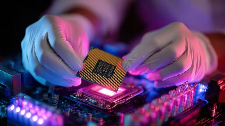 Expert technician in white gloves is meticulously installing a high-performance semiconductor processor onto a modern motherboard, surrounded by vibrant LED lights, showcasing advanced technology in action