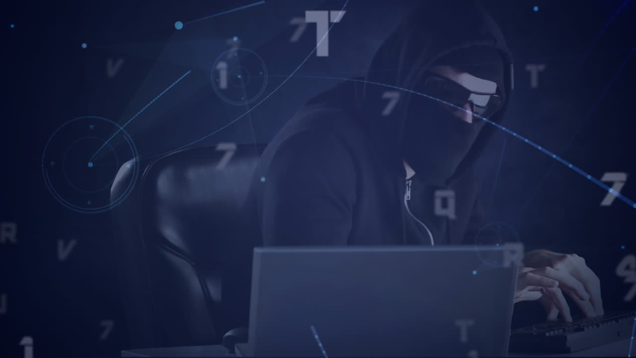 ハッカーの上に広がるネットワーク接続とデータ処理のアニメーション