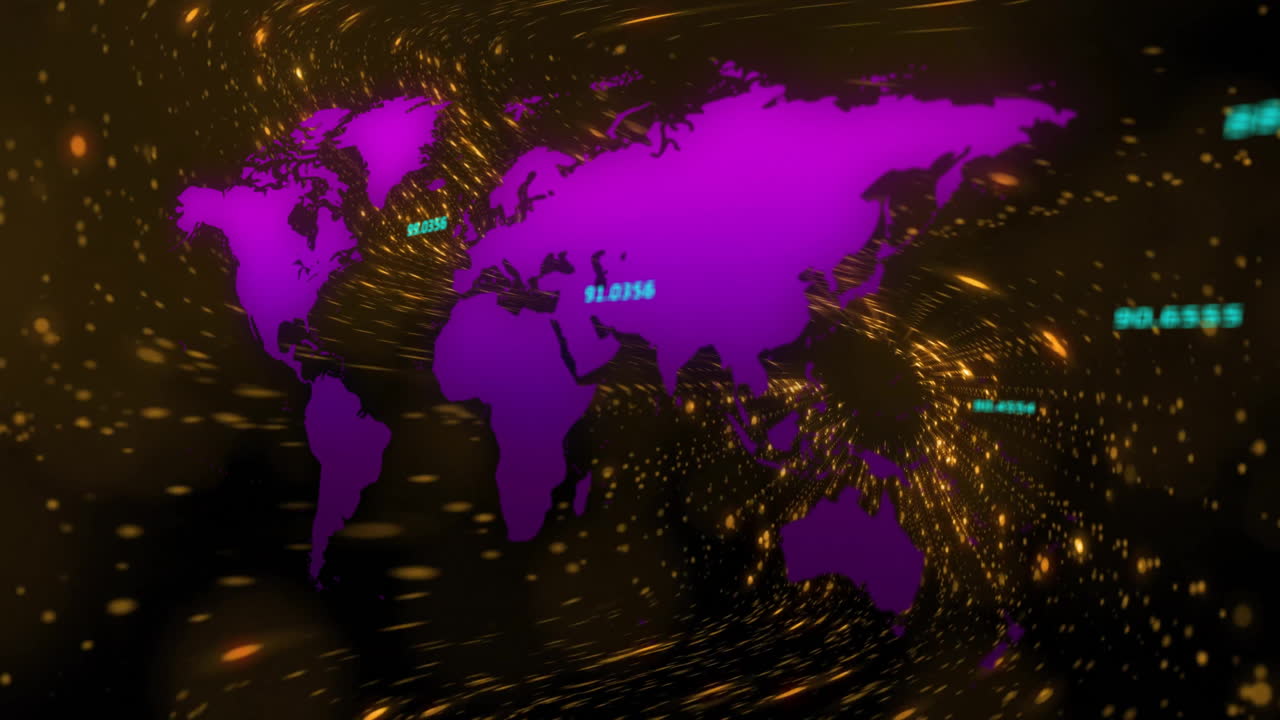 Animation of purple world map with glowing data points and swirling golden particles