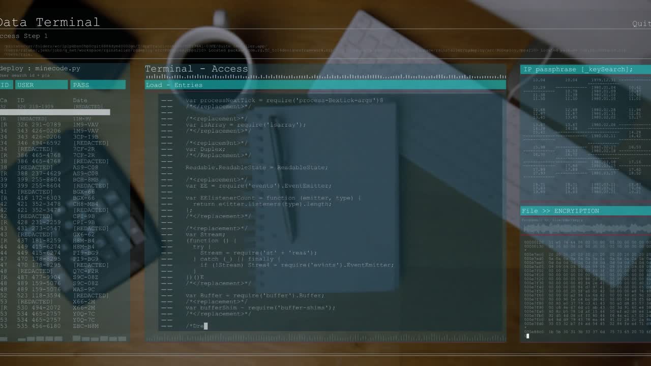 Notebook resting on desk, Data Terminal overlay fading in and populating code for analysis