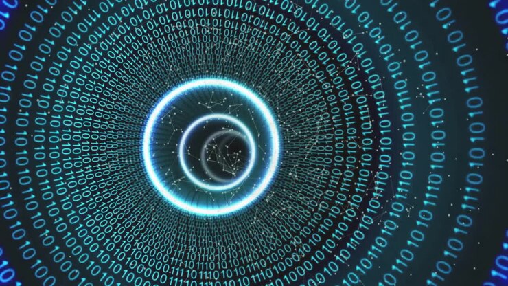 Binary code tunnel animation with glowing concentric circles