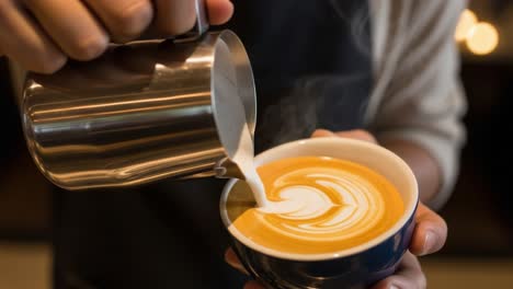 an expert barista skillfully pours steamed milk into a bowl of coffee, creating intricate latte art and a delightful, inviting beverage experience